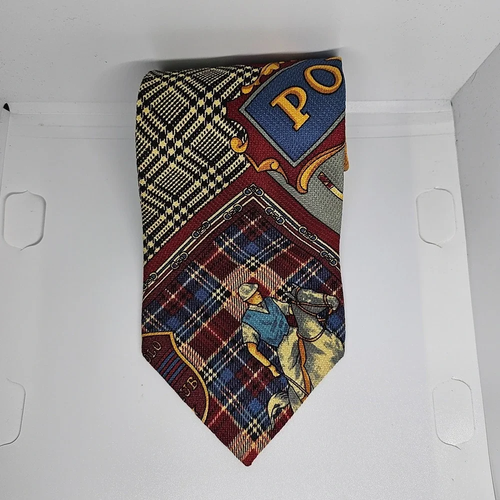 Vintage Plaid Polo Equestrian Tie Horse Paolo Rossi Italian Designer Red Blue